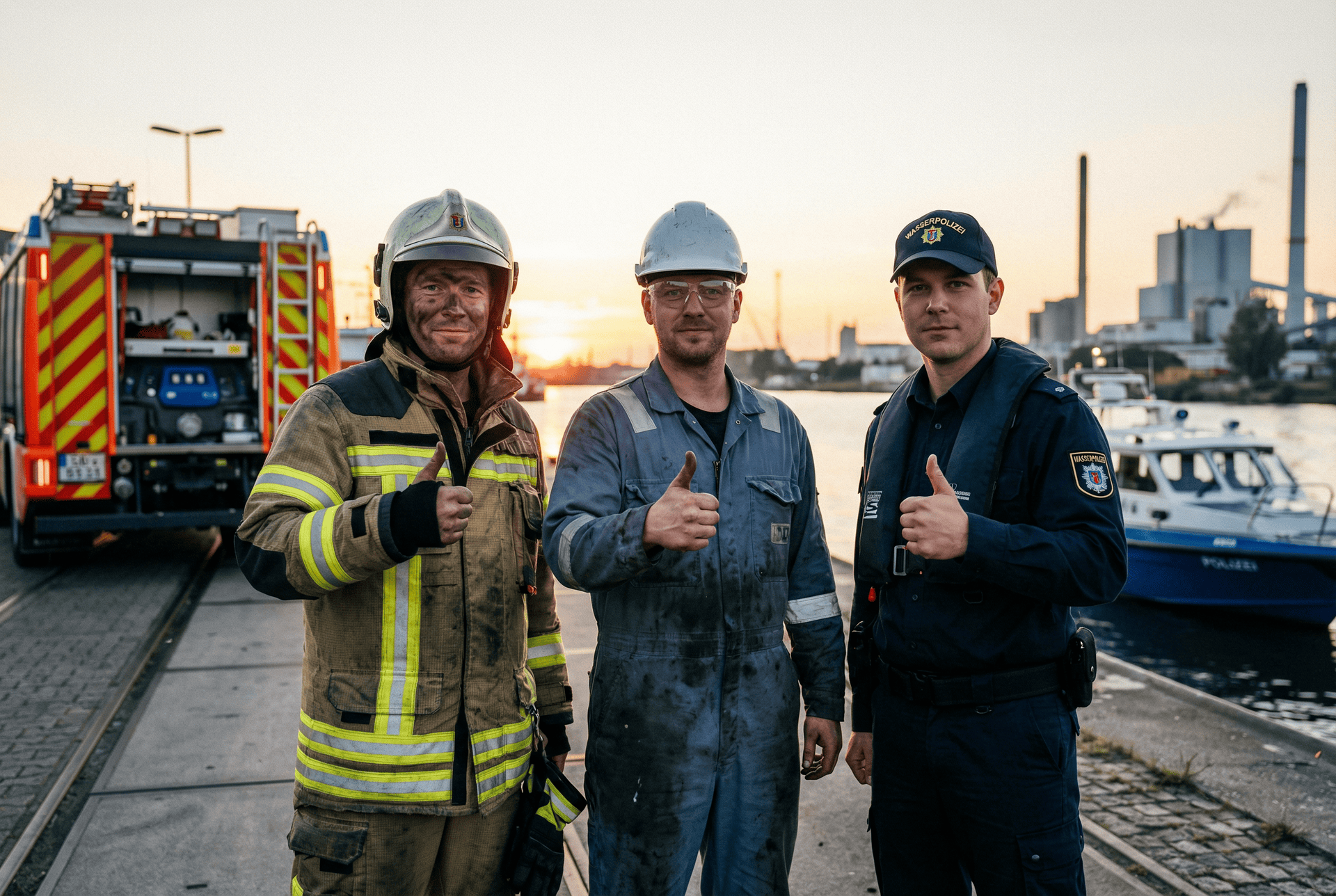 A firefighter, a construction worker, and a police officer are standing together at the harbor as the sun sets.