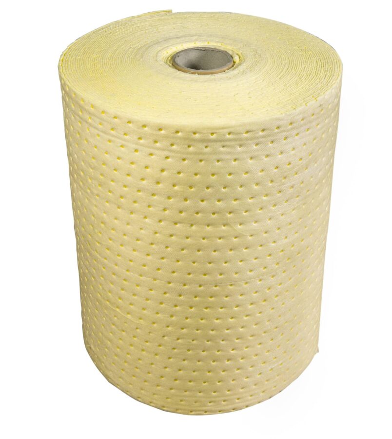 Gelbe perforierte Industrie-Absorptionsrolle auf weißem Hintergrund