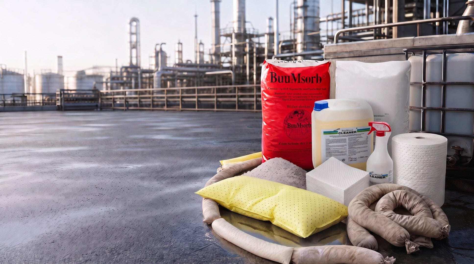 Ölbindemittel und Reinigungsprodukte vor Industrieanlage