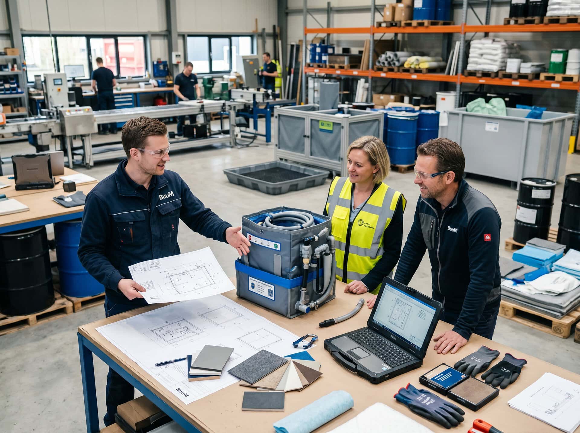 Engineers discuss a prototype in a modern factory