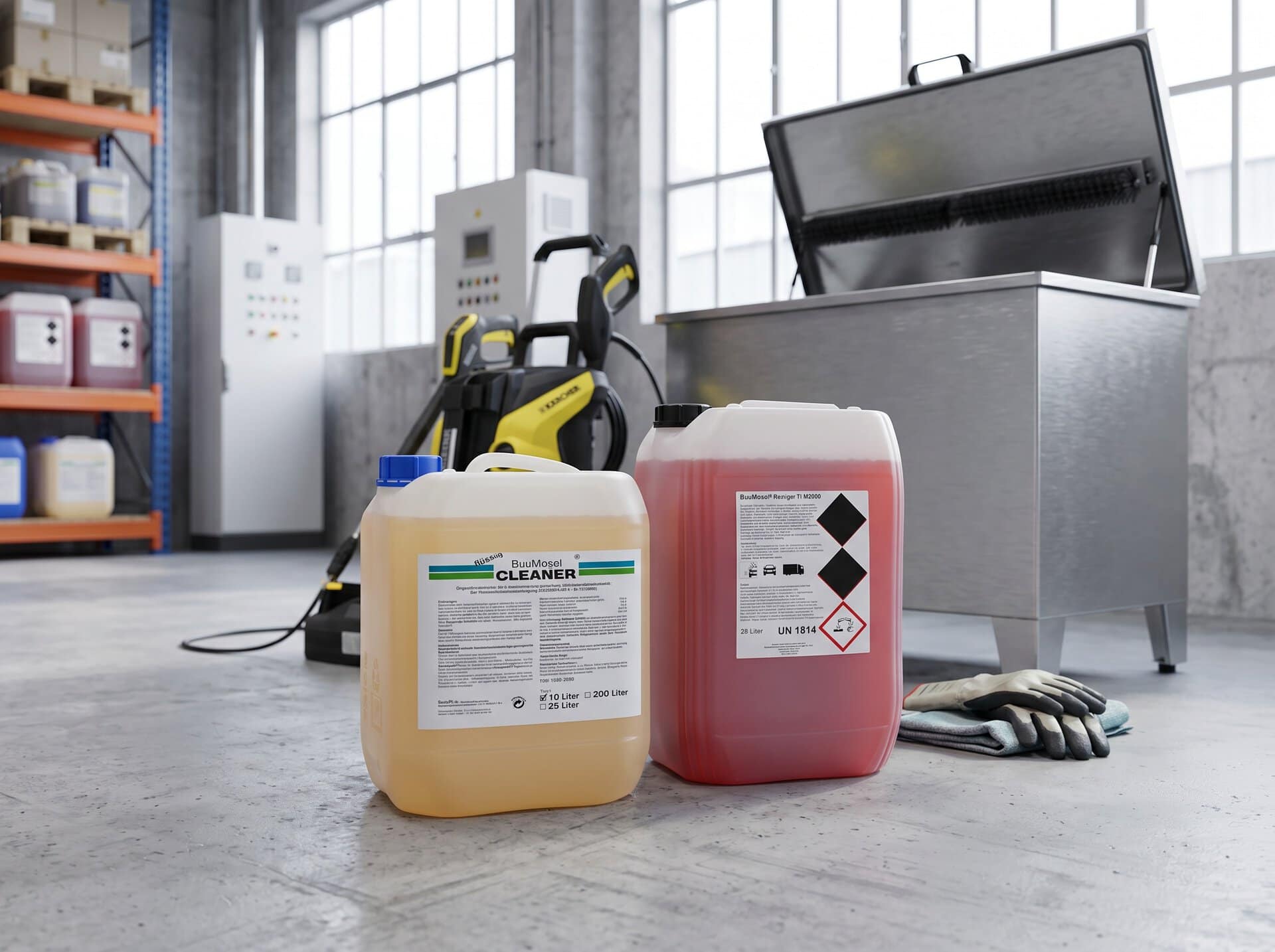 Reinigungschemikalien und Hochdruckreiniger in Industriehalle