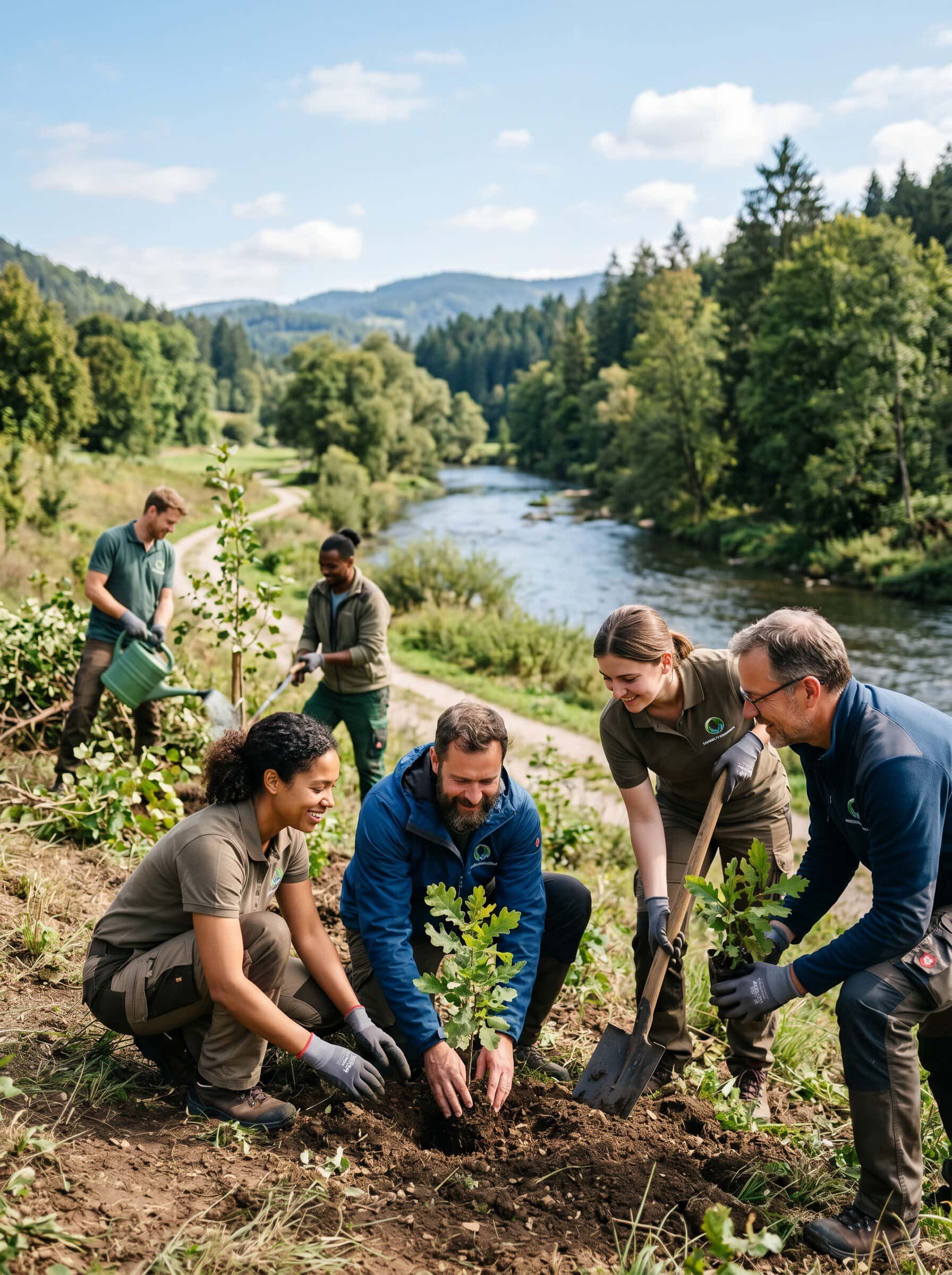 Group Plants a Tree on the Riverbank