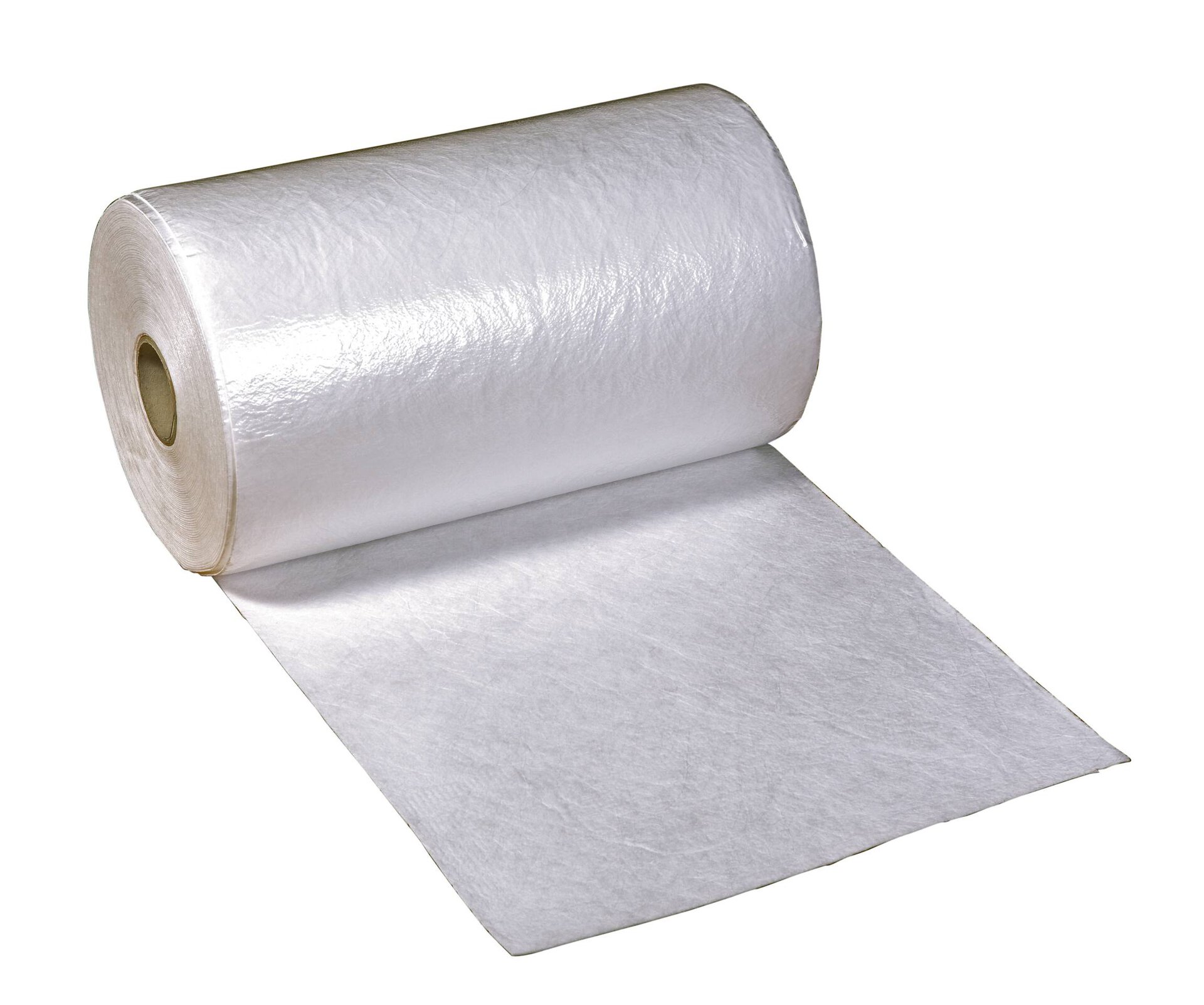 Roll of white fiberglass insulation material partially unrolled